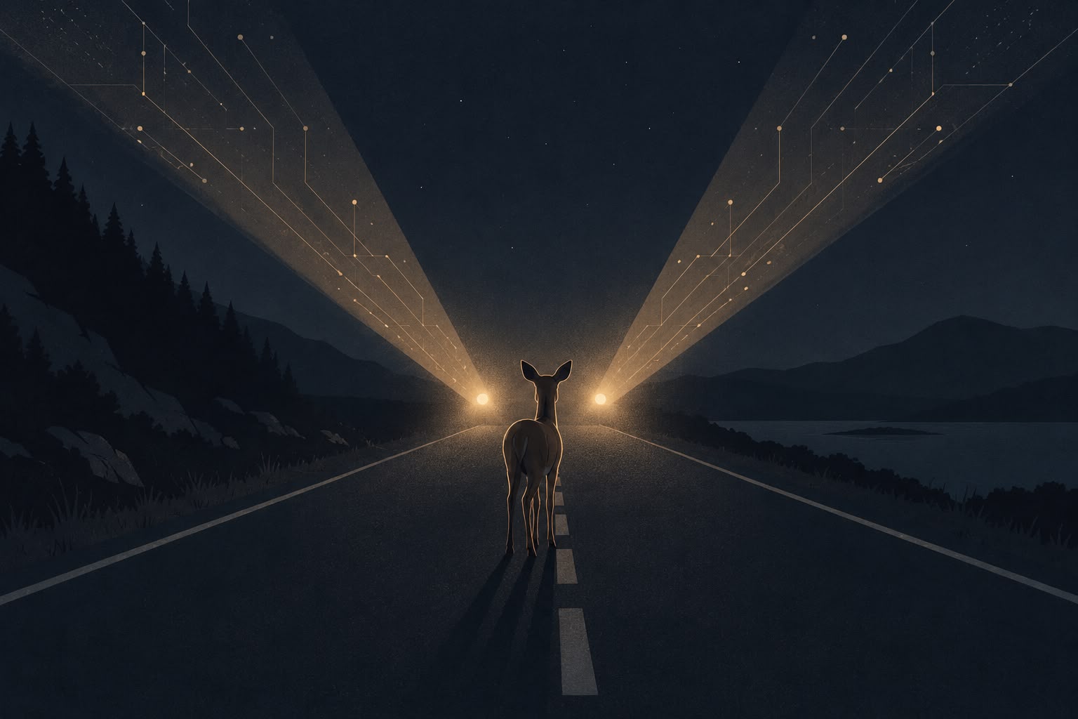 A deer stands in the middle of a dark two-lane road at night, facing two approaching headlights whose beams are traced with glowing circuit-board lines.